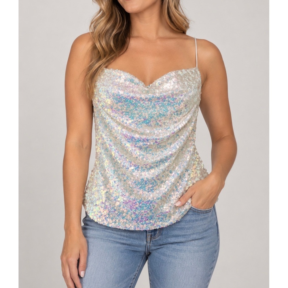 Thirty Thirty Sequin Drape Neck Spaghetti Straps Lined Tank Top M Medium New